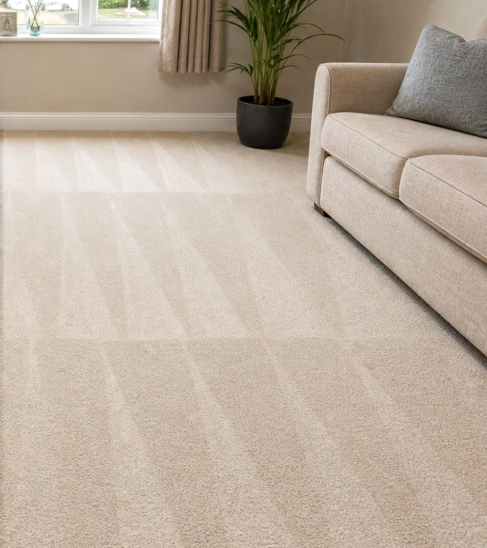The same living room carpet looking bright and clean after a deep clean